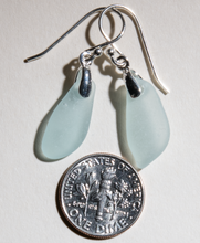 Load image into Gallery viewer, small, dangly, light aqua sea glass earrings - sterling settings
