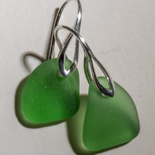 Load image into Gallery viewer, small green sea glass earrings with sterling silver art deco settings
