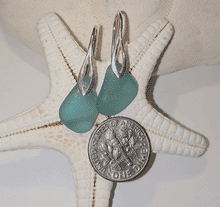 Load image into Gallery viewer, SALE! Teal Sea Glass Earrings in Art Deco Sterling Settings
