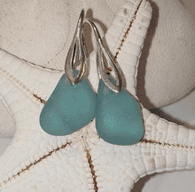 Load image into Gallery viewer, SALE! Teal Sea Glass Earrings in Art Deco Sterling Settings
