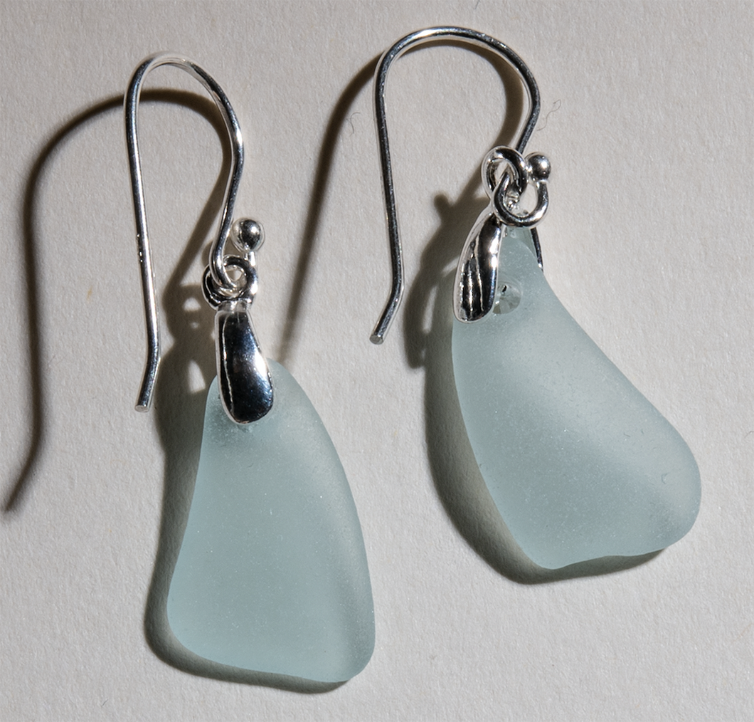 Sea-Mist, light aqua-blue sea glass earrings - sterling settings