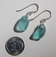 Load image into Gallery viewer, Small dangles of teal sea glass earrings made with sterling silver bales and ear wires
