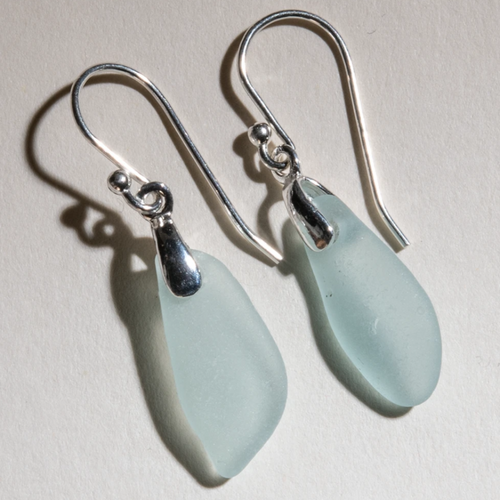 small, dangly, light aqua sea glass earrings - sterling settings