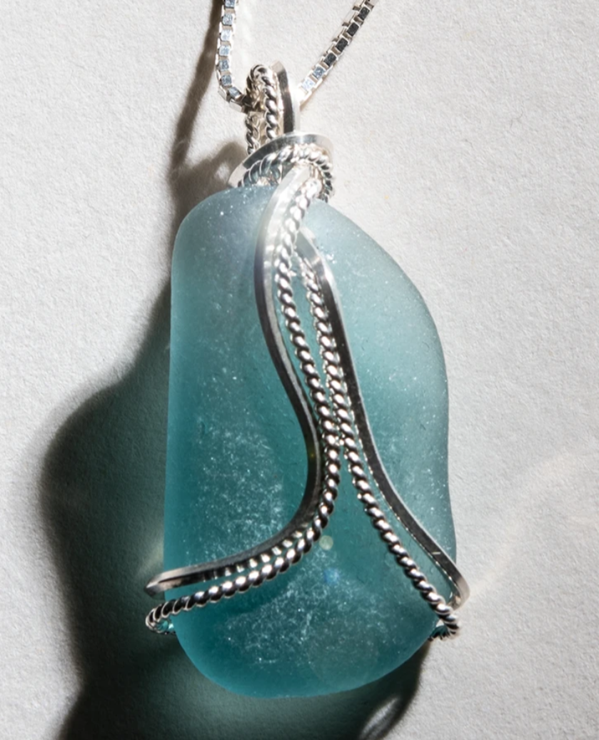 Rare Teal-Blue Sea Glass Necklace - Sterling Silver