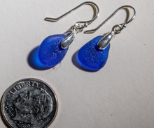 Load image into Gallery viewer, Rare cobalt blue sea glass earrings with sterling settings and sterling ear wires. Small size
