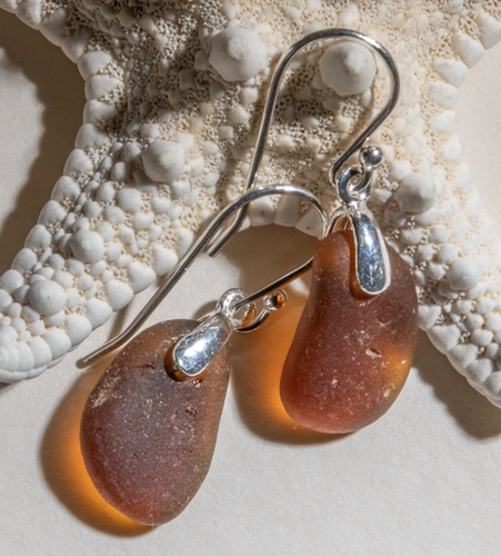 amber brown sea glass earrings - sterling settings