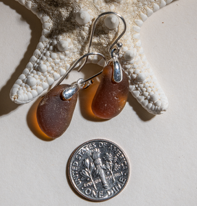 amber brown sea glass earrings - sterling settings