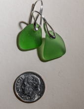 Load image into Gallery viewer, small green sea glass earrings with sterling silver art deco settings

