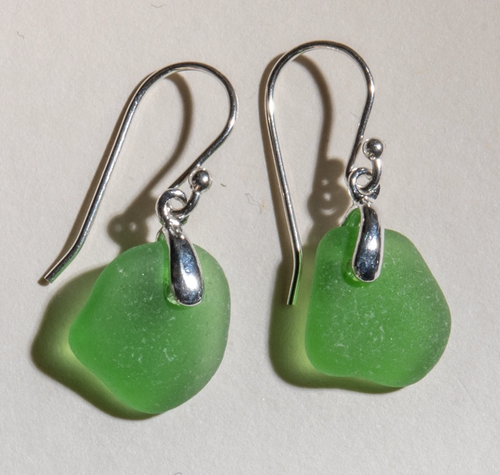 small, bright green sea glass earrings with sterling silver