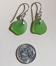 Load image into Gallery viewer, small, bright green sea glass earrings with sterling silver
