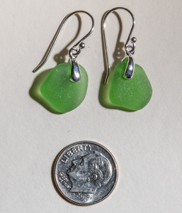 small, bright green sea glass earrings with sterling silver