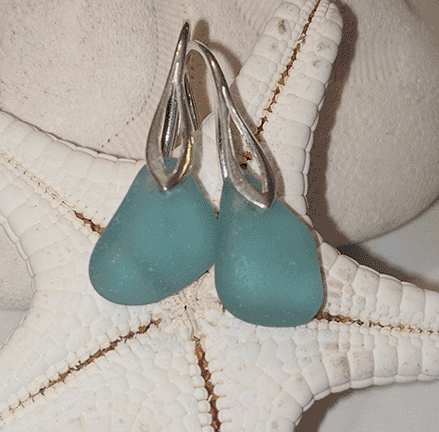 SALE! Teal Sea Glass Earrings in Art Deco Sterling Settings