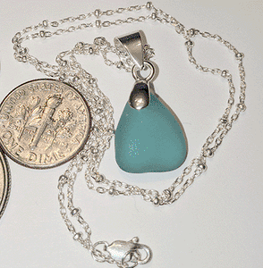 Petite Bright Teal Sea Glass Pendant on Beaded Sterling Chain