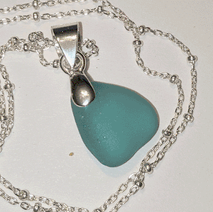Petite Bright Teal Sea Glass Pendant on Beaded Sterling Chain