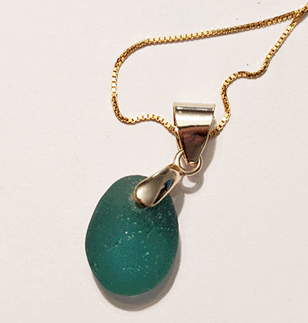 Rare! Perfect! Deep Teal-Green Sea Glass Necklace - 14 karat Gold over Sterling