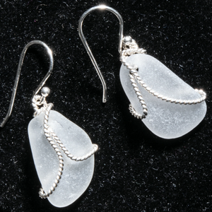 Frost-White Sea Glass Earrings with Sterling Silver Overlay